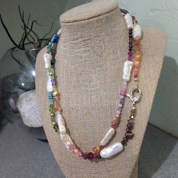 Long Colorful Pearl Gemstone Necklace - Picture 10 of 15